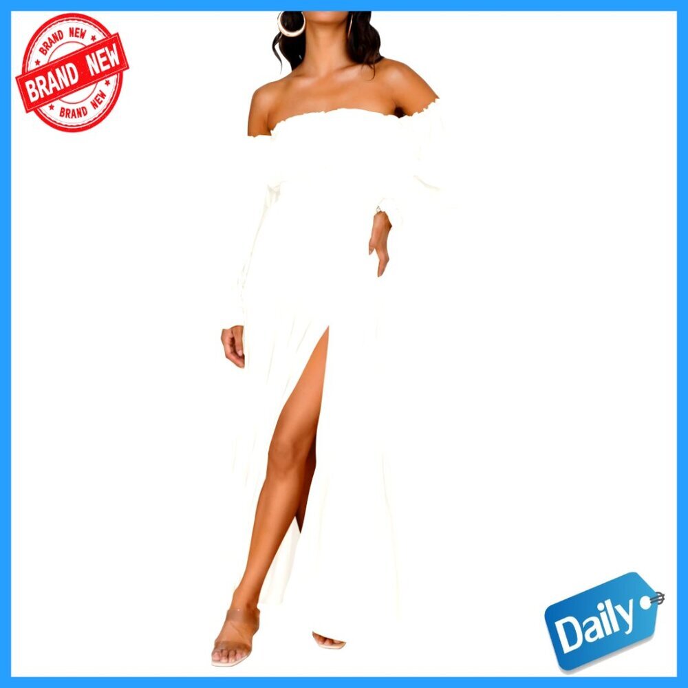 Boho Off Shoulder Long Sleeve Smocked High Waist Maxi Dress Sexy Split